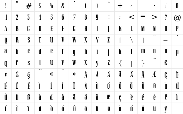 MercatorCondensed Regular  glyph index