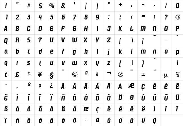 Pasadena-Serial BoldItalic  glyph index