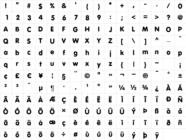 Vag-Black Regular  glyph index