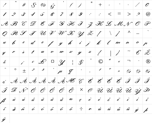KuenstlerScript LT Medium Bold  glyph index