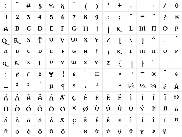 MasonSerifBold Regular  glyph index