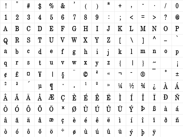 New Boston-Condensed Bold  glyph index