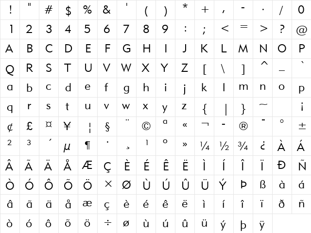Geometr415 Lt BT Lite  glyph index