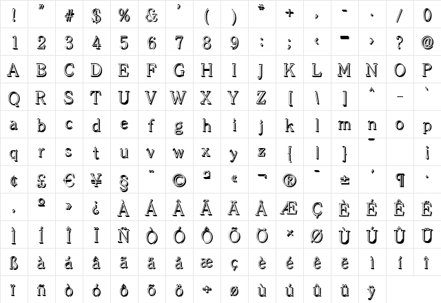 ChristianBeckerShadow-Xlight Regular  glyph index