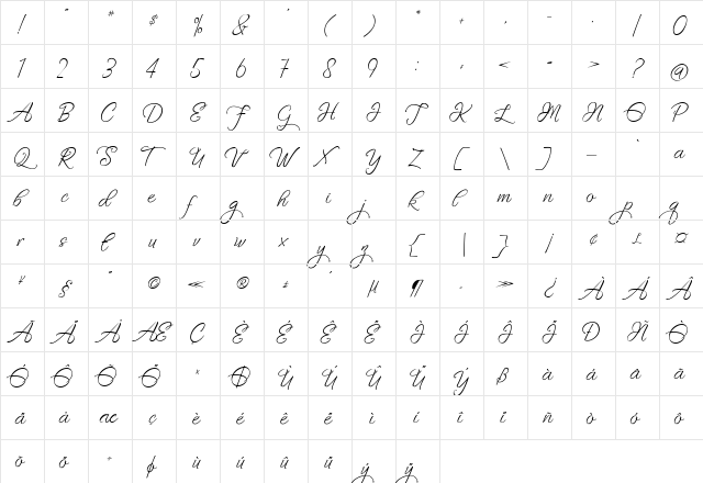 Fascinating Celestina Regular  glyph index