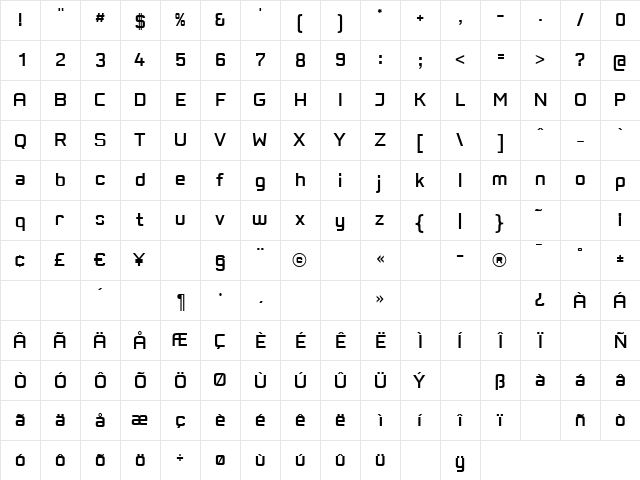 PositecRegular Regular  glyph index