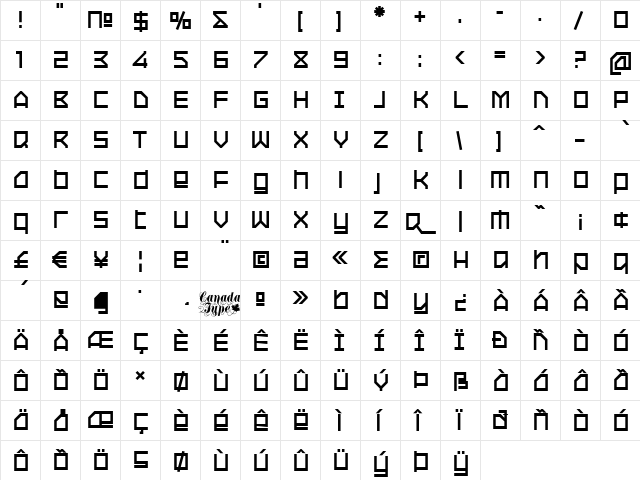 Oxygen Bold  glyph index