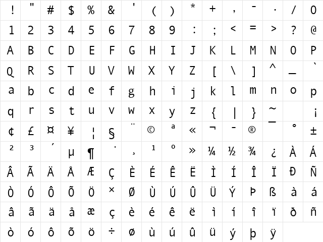 QuickType II Mono Regular  glyph index