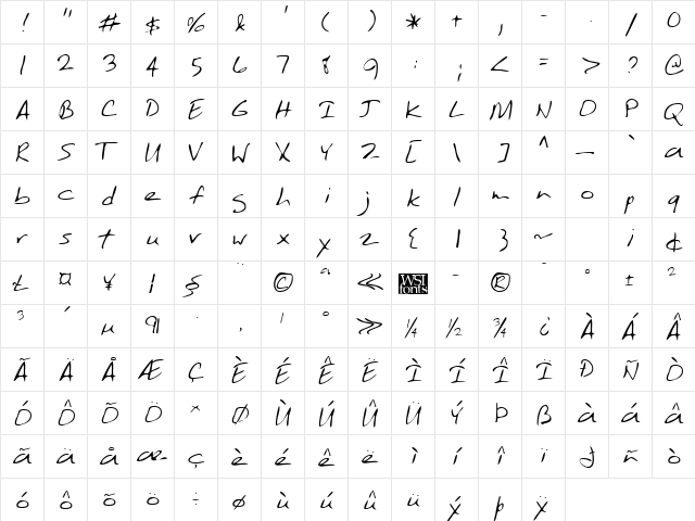 TobysHand Regular  glyph index