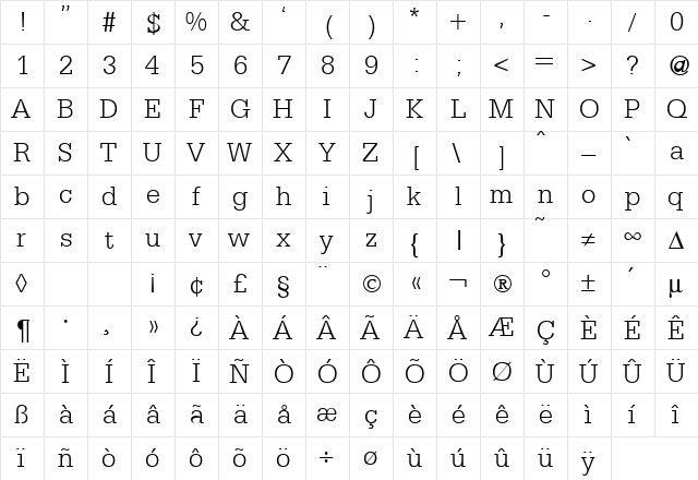 SergeantLight Regular  glyph index