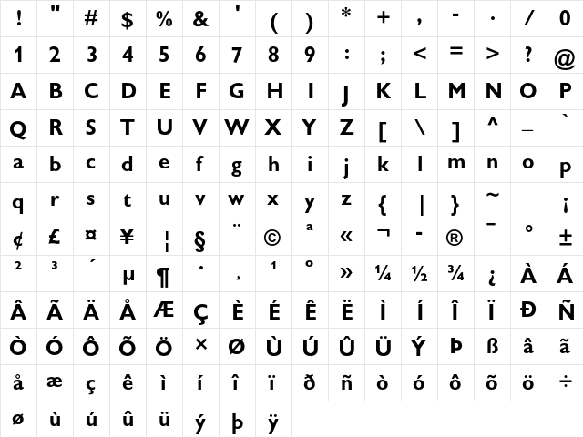 Gill Sans Display MT Std Bold  glyph index