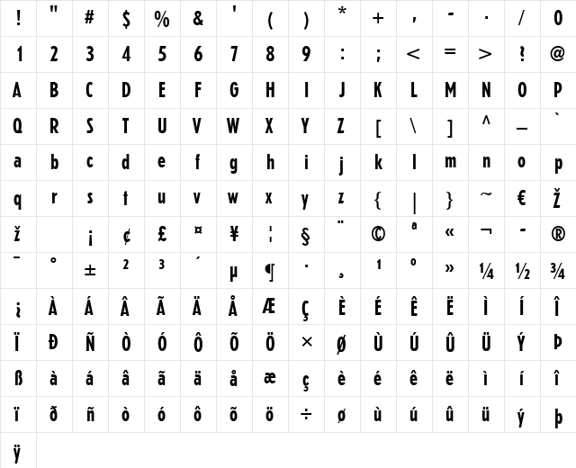 Erbar LT BoldCondensed Regular  glyph index
