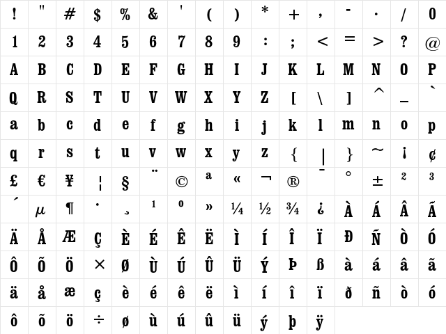 Clarendon Bold Condensed  glyph index