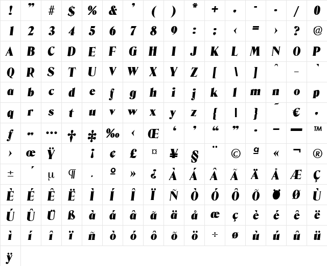 Denver-HeavyIta Regular  glyph index