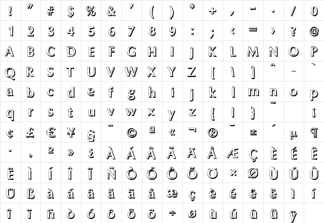 ColumbiaShadow Bold  glyph index