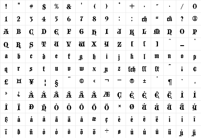 BlackwoodCastle Regular  glyph index