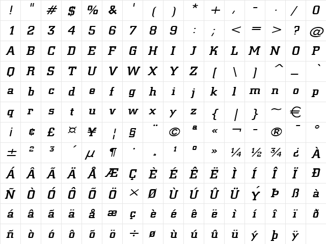 Geo957Wide Italic  glyph index
