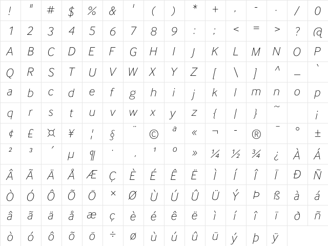 InterFace DaMa Th Italic  glyph index