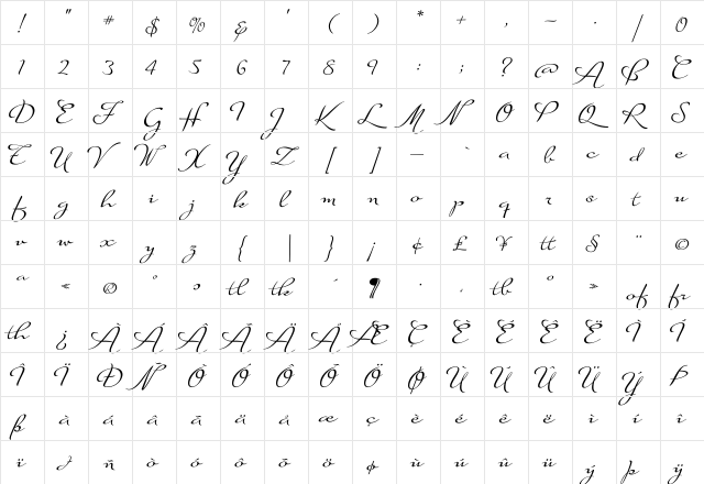 Suave Script Alt Regular  glyph index