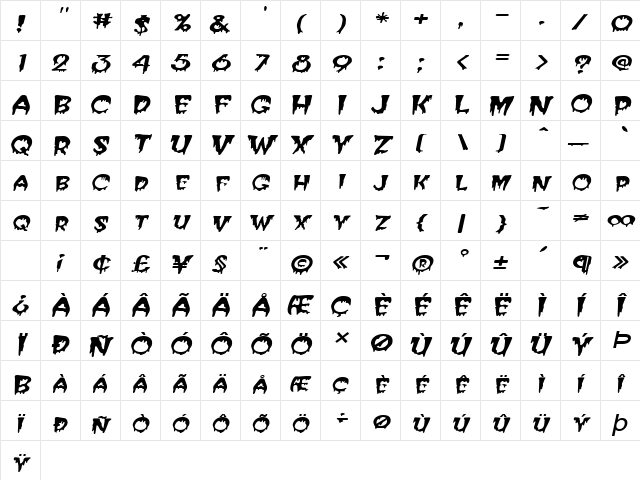 Creepy-Extended Italic  glyph index