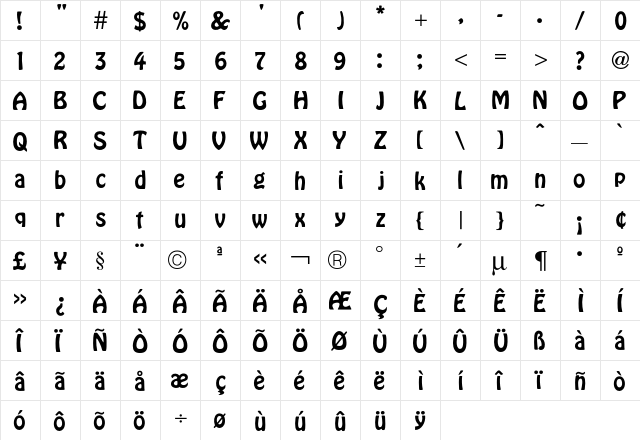Hobo Font  glyph index