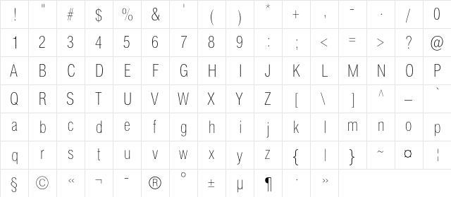 HeliosCondThin Regular  glyph index