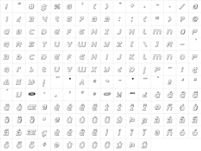 Universal Jack 3D Italic Italic  glyph index