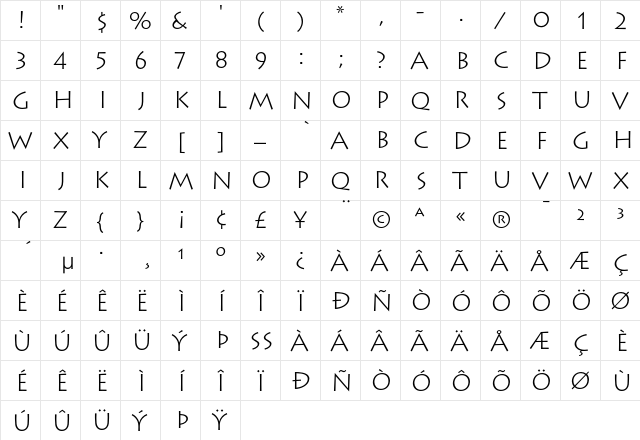 Lithos Light  glyph index