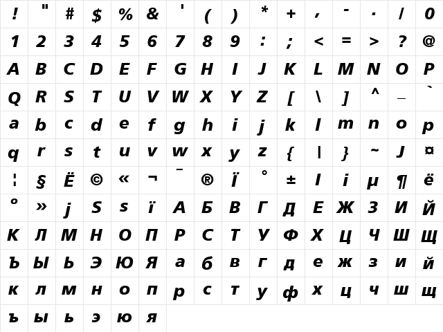 AG Foreigner Bold Italic  glyph index