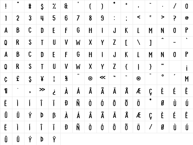 Memorial Lane Regular  glyph index