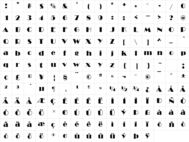 Broadway Regular  glyph index