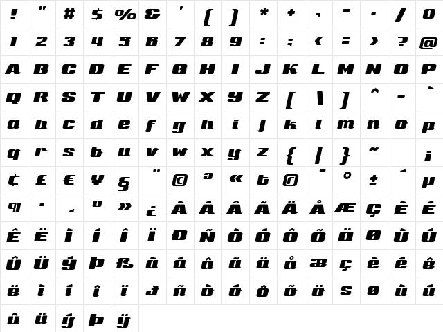 Sneakers Script Wide Regular  glyph index