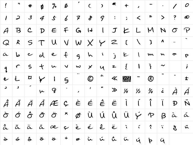 BinghamsHand Bold  glyph index