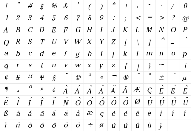 Chelsey Italic  glyph index