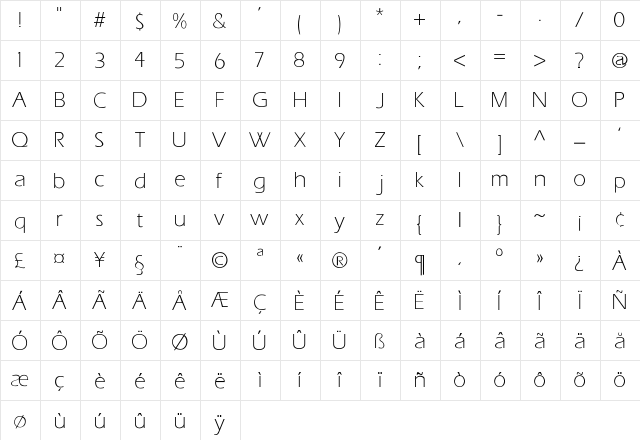 Freeda Light Regular  glyph index