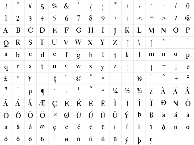 ElectraLHDisplay Bold  glyph index