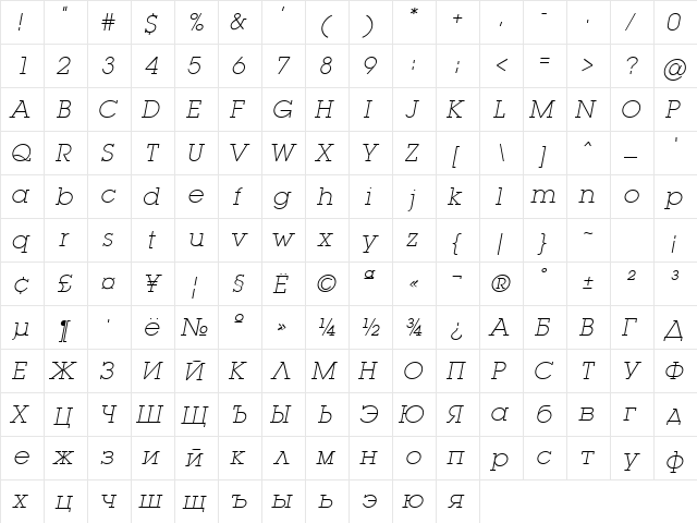 LugaExtra ExtraLight Oblique  glyph index