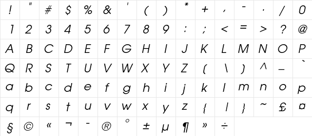 AGAvalancheC Italic  glyph index