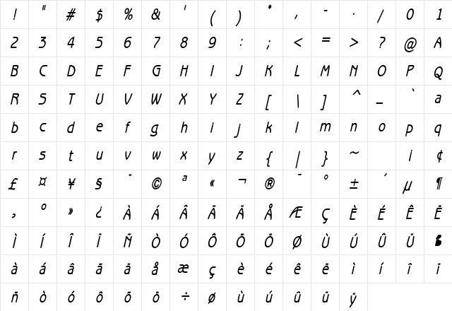 Beagle Condensed Bold Italic  glyph index