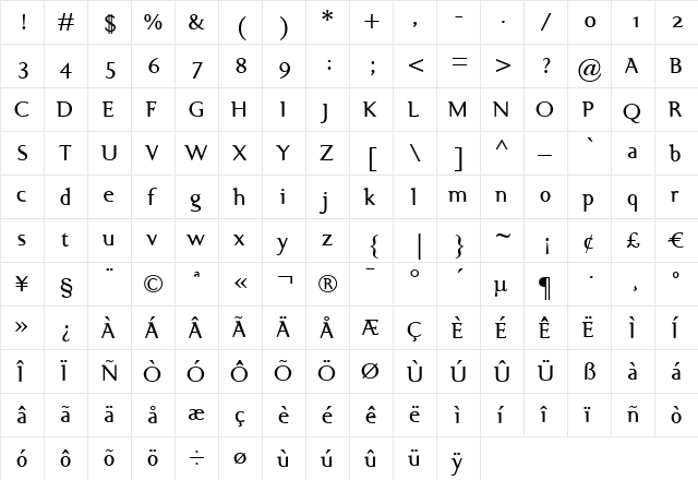 Ela Demiserif Bold  glyph index