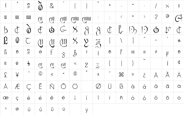 CLEMENT Regular  glyph index