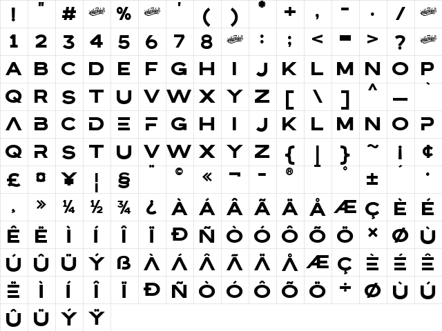 Bristone Regular  glyph index