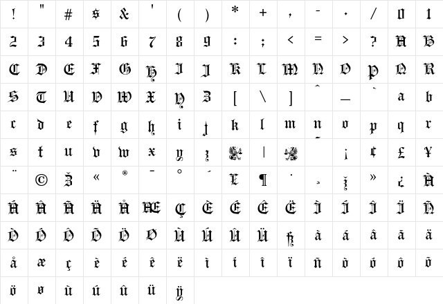 GutenbergGothic Regular  glyph index