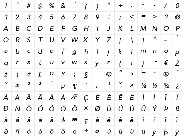 Avenir LT 65 Medium Italic  glyph index