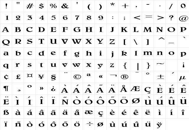 Blew Extended Normal  glyph index