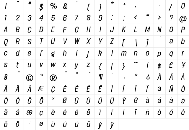 Elephant LightOblique  glyph index