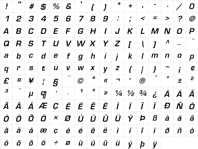 Eurostile Demi Oblique  glyph index