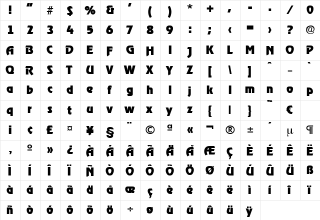 Ragtime-ExtraBold Regular  glyph index