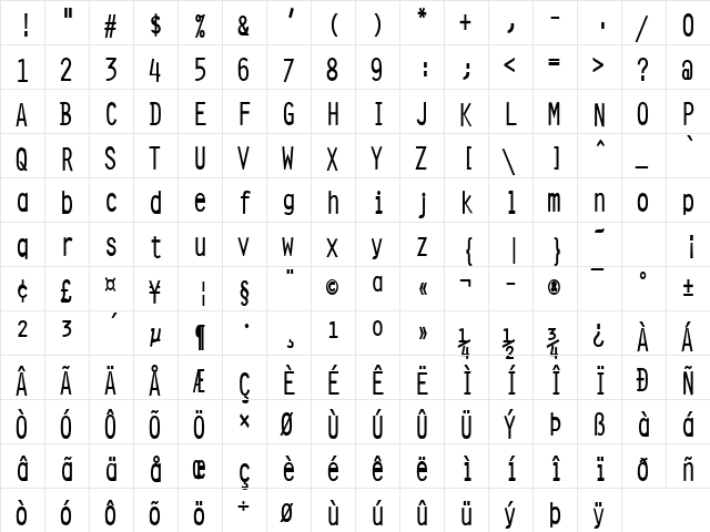 Clean-Condensed Bold  glyph index