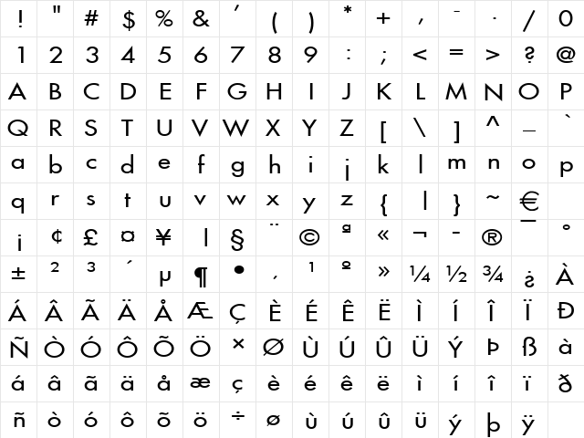 FusiWide Normal  glyph index